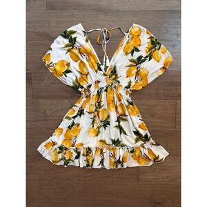 blue island White Mini Dress with Yellow Lemon Print